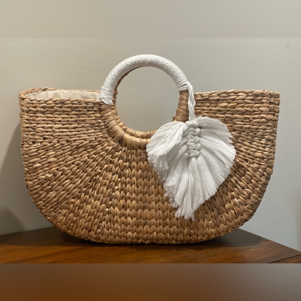 Woven Straw Tote with White Tassel